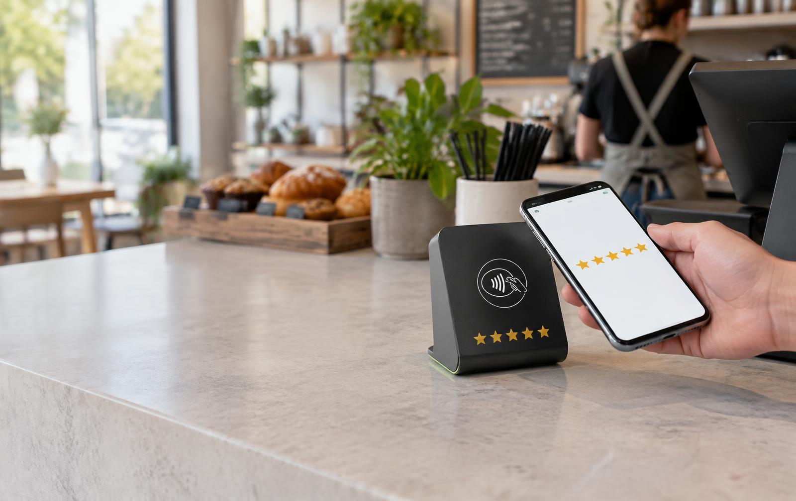 NFC review stand beside a café till with a phone held near it